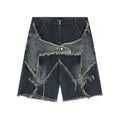 Men's Streetwear American Star Patch Embroidery Denim Shorts - Summer Stylish Frayed Whisker Straight-Leg 5-Point Shorts