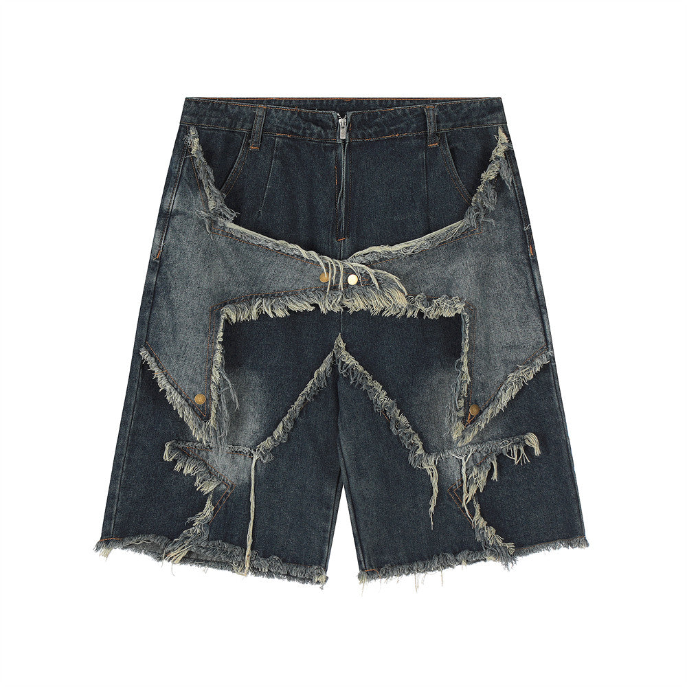 Men's Streetwear American Star Patch Embroidery Denim Shorts - Summer Stylish Frayed Whisker Straight-Leg 5-Point Shorts