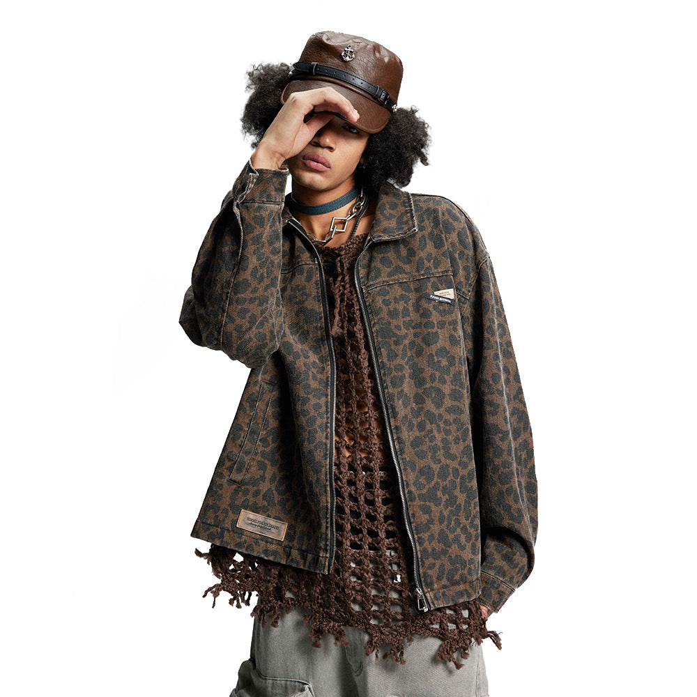 Men's Euro-American Streetwear Leopard Print Denim Jacket