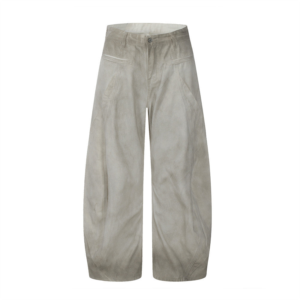 Men's Cyberpunk Distressed "Dirty" Denim Curved Pants - Trendy High-Street Tie-Dye Washed Design Loose Wide-Leg Trouser