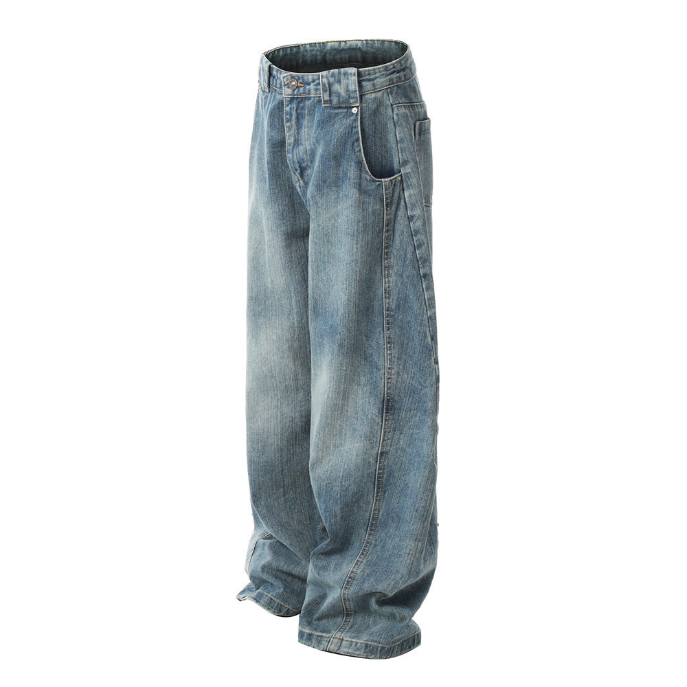 Men's American Streetwear Washed Vintage Tie-Dye Paneled Deconstructed Jeans - Loose Wide-Leg Floor-Grazing Casual Pants