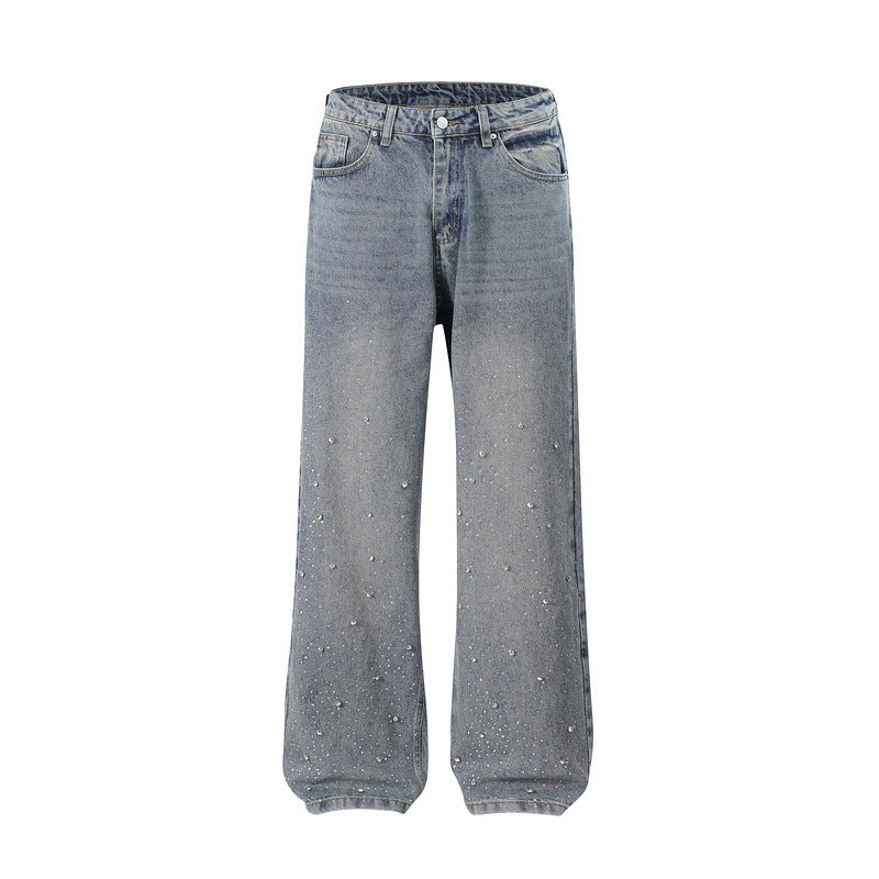 Euro-American High-Street Washed Baggy Wide-Leg Jeans with Pearl & Full Diamond Embellishment & Stacked Silhouette