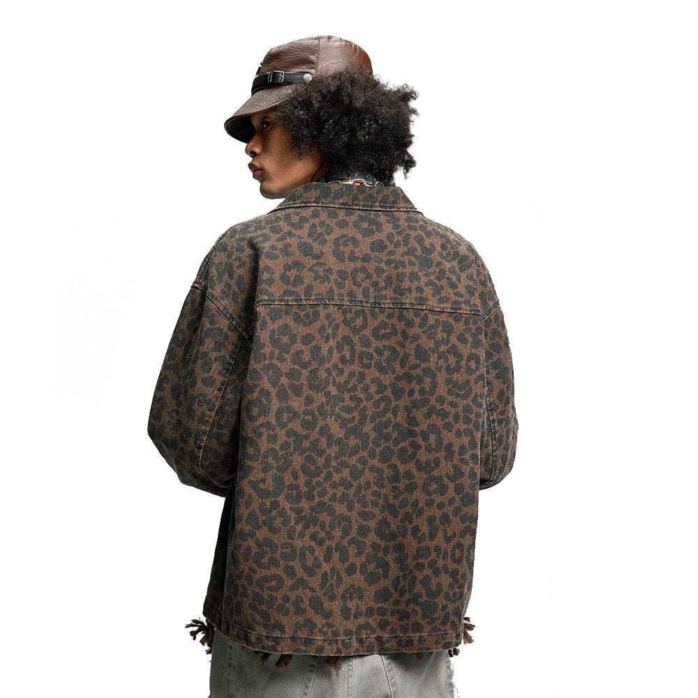 Men's Euro-American Streetwear Leopard Print Denim Jacket