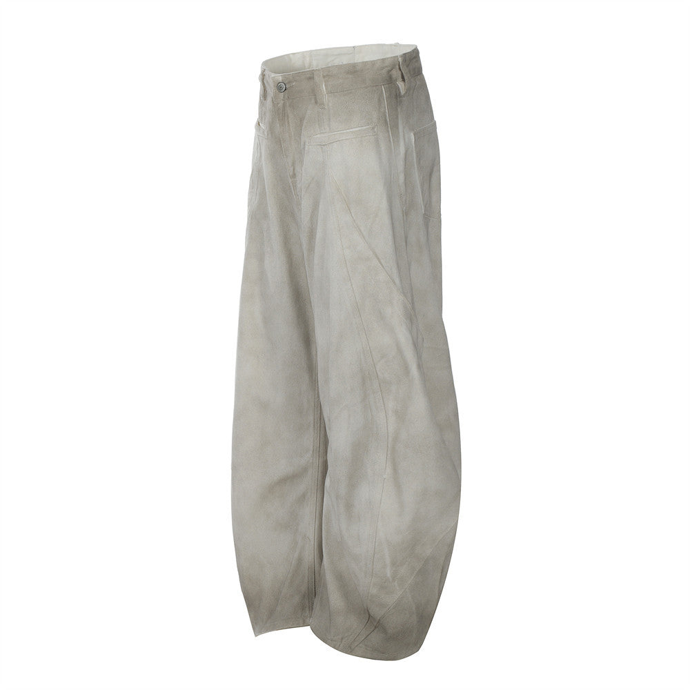 Men's Cyberpunk Distressed "Dirty" Denim Curved Pants - Trendy High-Street Tie-Dye Washed Design Loose Wide-Leg Trouser