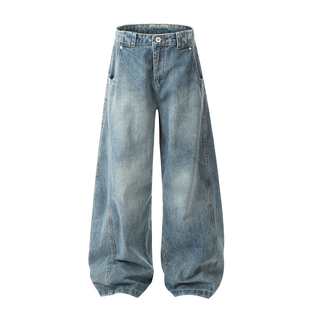 Men's American Streetwear Washed Vintage Tie-Dye Paneled Deconstructed Jeans - Loose Wide-Leg Floor-Grazing Casual Pants