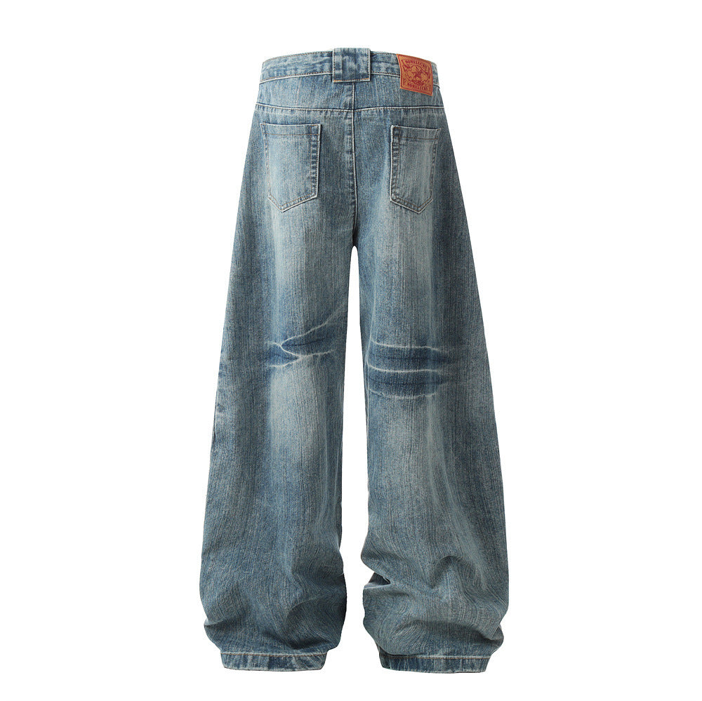 Men's American Streetwear Washed Vintage Tie-Dye Paneled Deconstructed Jeans - Loose Wide-Leg Floor-Grazing Casual Pants