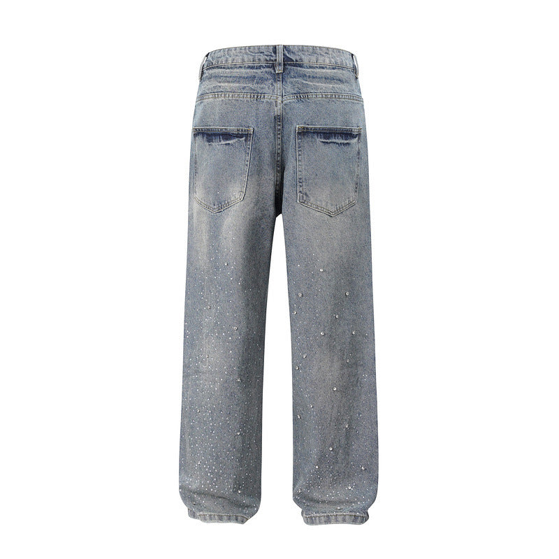 Euro-American High-Street Washed Baggy Wide-Leg Jeans with Pearl & Full Diamond Embellishment & Stacked Silhouette