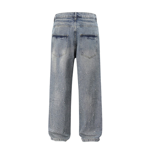 Euro-American High-Street Washed Baggy Wide-Leg Jeans with Pearl & Full Diamond Embellishment & Stacked Silhouette