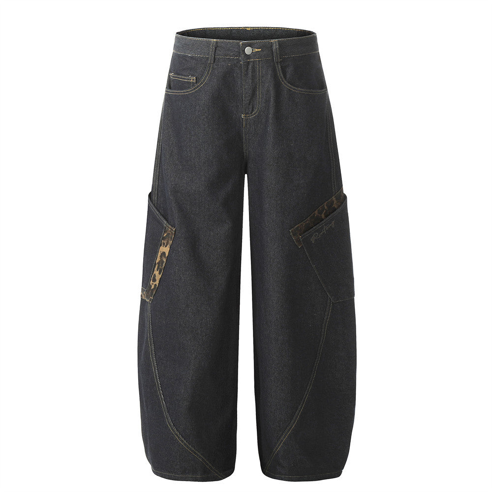 Men's American Streetwear Retro Leopard Print Paneled Wide-Leg Floor-Grazing Jeans with Stylish Large Pockets & Curved Hem