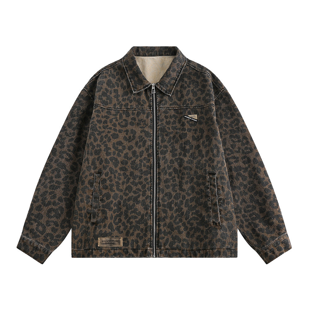 Men's Euro-American Streetwear Leopard Print Denim Jacket