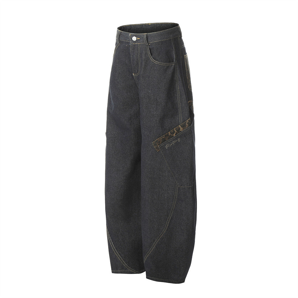 Men's American Streetwear Retro Leopard Print Paneled Wide-Leg Floor-Grazing Jeans with Stylish Large Pockets & Curved Hem