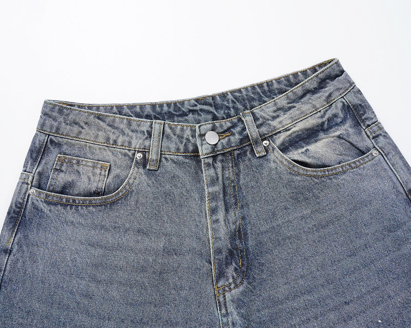 Euro-American High-Street Washed Baggy Wide-Leg Jeans with Pearl & Full Diamond Embellishment & Stacked Silhouette