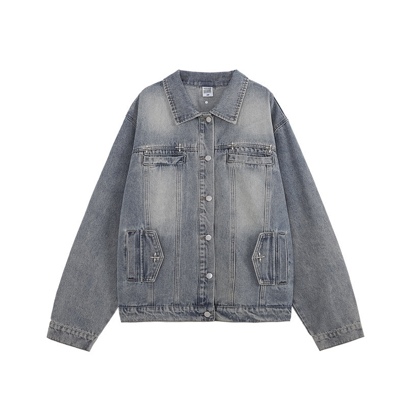 Men's Streetwear Washed Denim Jacket - Autumn/Winter New Arrival, American Retro Rivet-Designed Outerwear