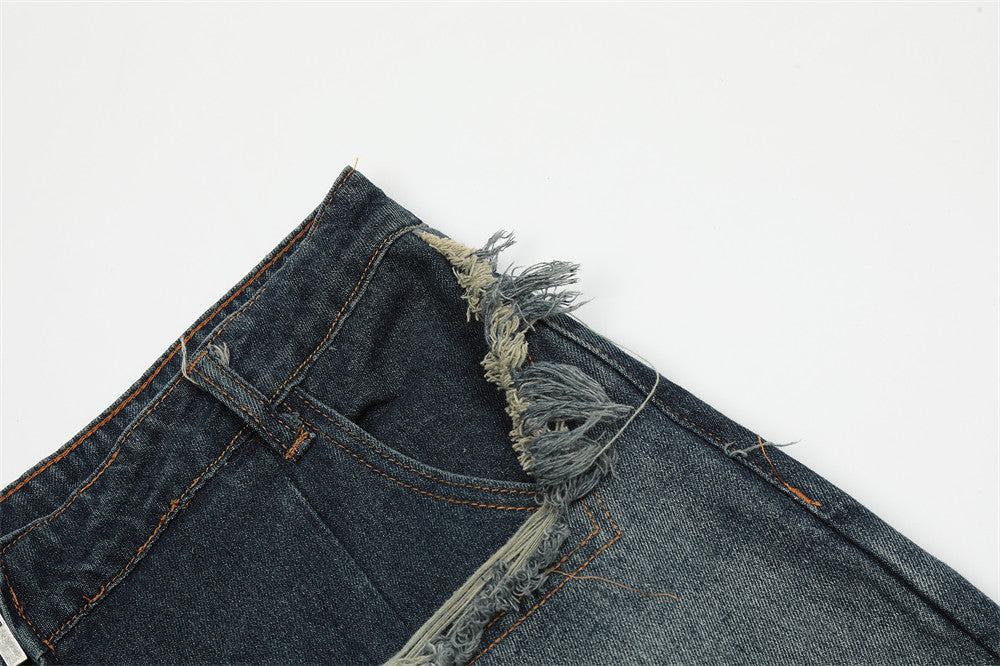 Men's Streetwear American Star Patch Embroidery Denim Shorts - Summer Stylish Frayed Whisker Straight-Leg 5-Point Shorts