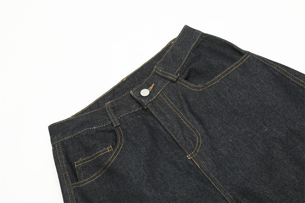 Men's American Streetwear Retro Leopard Print Paneled Wide-Leg Floor-Grazing Jeans with Stylish Large Pockets & Curved Hem