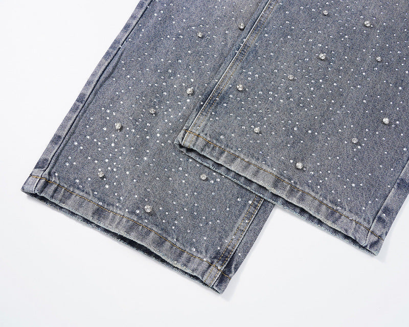 Euro-American High-Street Washed Baggy Wide-Leg Jeans with Pearl & Full Diamond Embellishment & Stacked Silhouette