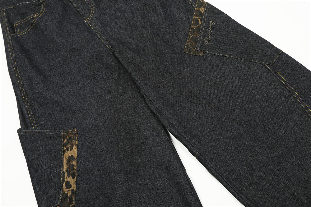 Men's American Streetwear Retro Leopard Print Paneled Wide-Leg Floor-Grazing Jeans with Stylish Large Pockets & Curved Hem