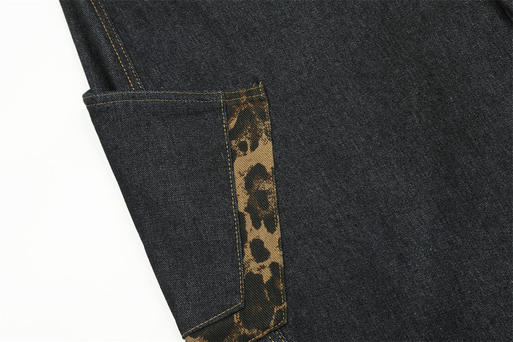 Men's American Streetwear Retro Leopard Print Paneled Wide-Leg Floor-Grazing Jeans with Stylish Large Pockets & Curved Hem