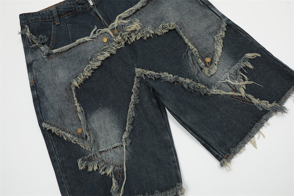 Men's Streetwear American Star Patch Embroidery Denim Shorts - Summer Stylish Frayed Whisker Straight-Leg 5-Point Shorts
