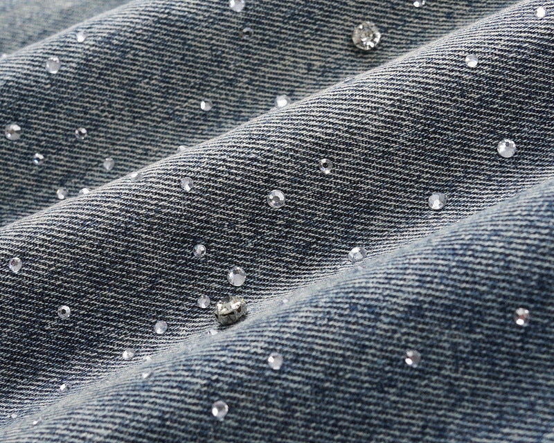 Euro-American High-Street Washed Baggy Wide-Leg Jeans with Pearl & Full Diamond Embellishment & Stacked Silhouette