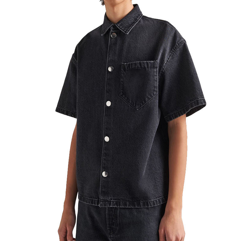 Men's Faded Black Boxy Fit Short-Sleeve Denim Shirt - Button Front Style