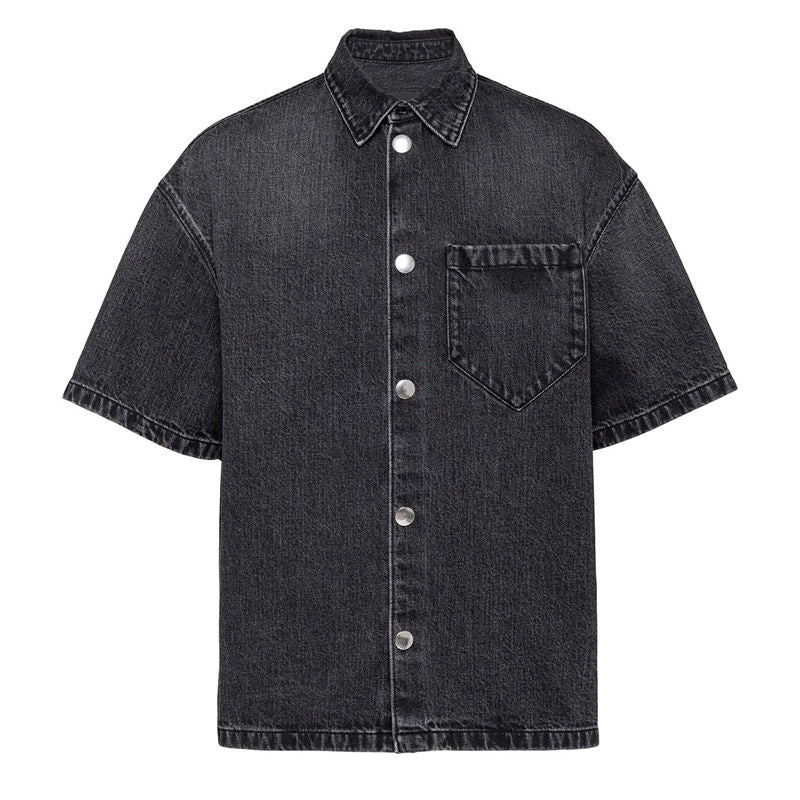 Men's Faded Black Boxy Fit Short-Sleeve Denim Shirt - Button Front Style