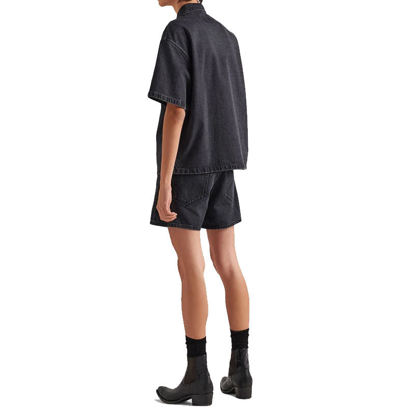 Men's Faded Black Boxy Fit Short-Sleeve Denim Shirt - Button Front Style