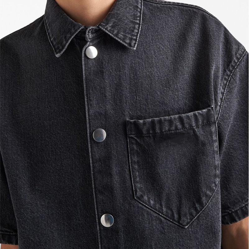 Men's Faded Black Boxy Fit Short-Sleeve Denim Shirt - Button Front Style