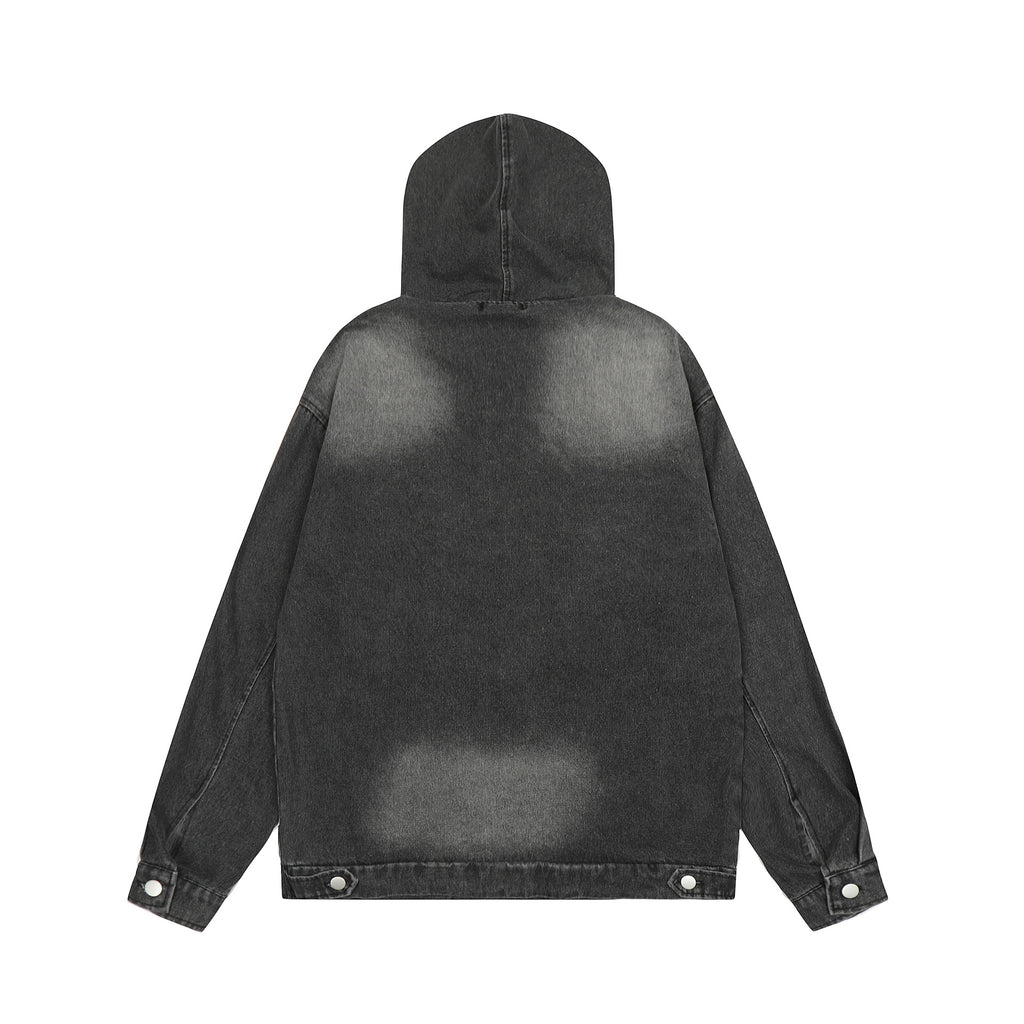 Men's Vintage Washed Denim Hoodie with Pocket Eyelets and Drawstring Design