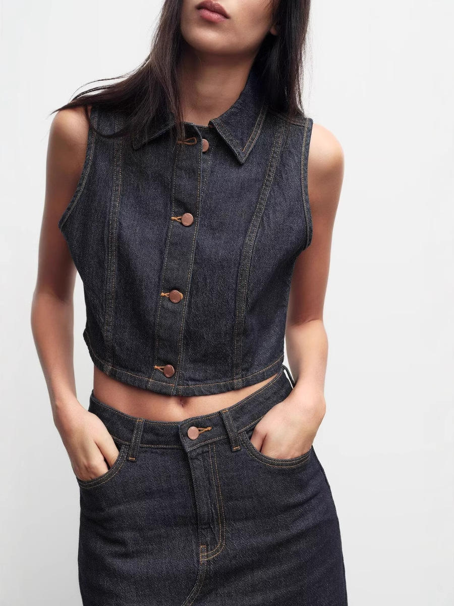 Women's Vintage Single-Row Button Denim Vest – Collared, Summer Casual Style
