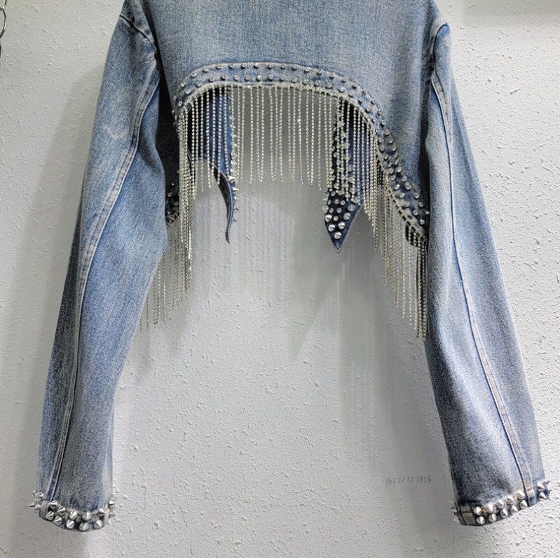 Women's Fashion Trendy Cropped Rhinestone Collared Long-Sleeve Fringed Denim Jacket