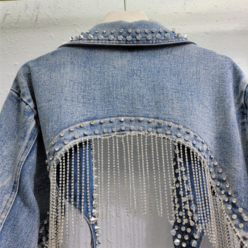 Women's Fashion Trendy Cropped Rhinestone Collared Long-Sleeve Fringed Denim Jacket