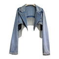 Women's Fashion Trendy Cropped Rhinestone Collared Long-Sleeve Fringed Denim Jacket