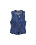 Women's Basic Blue Denim Vest – Single-Row Button Vintage-Style Accented Streetwear Vest