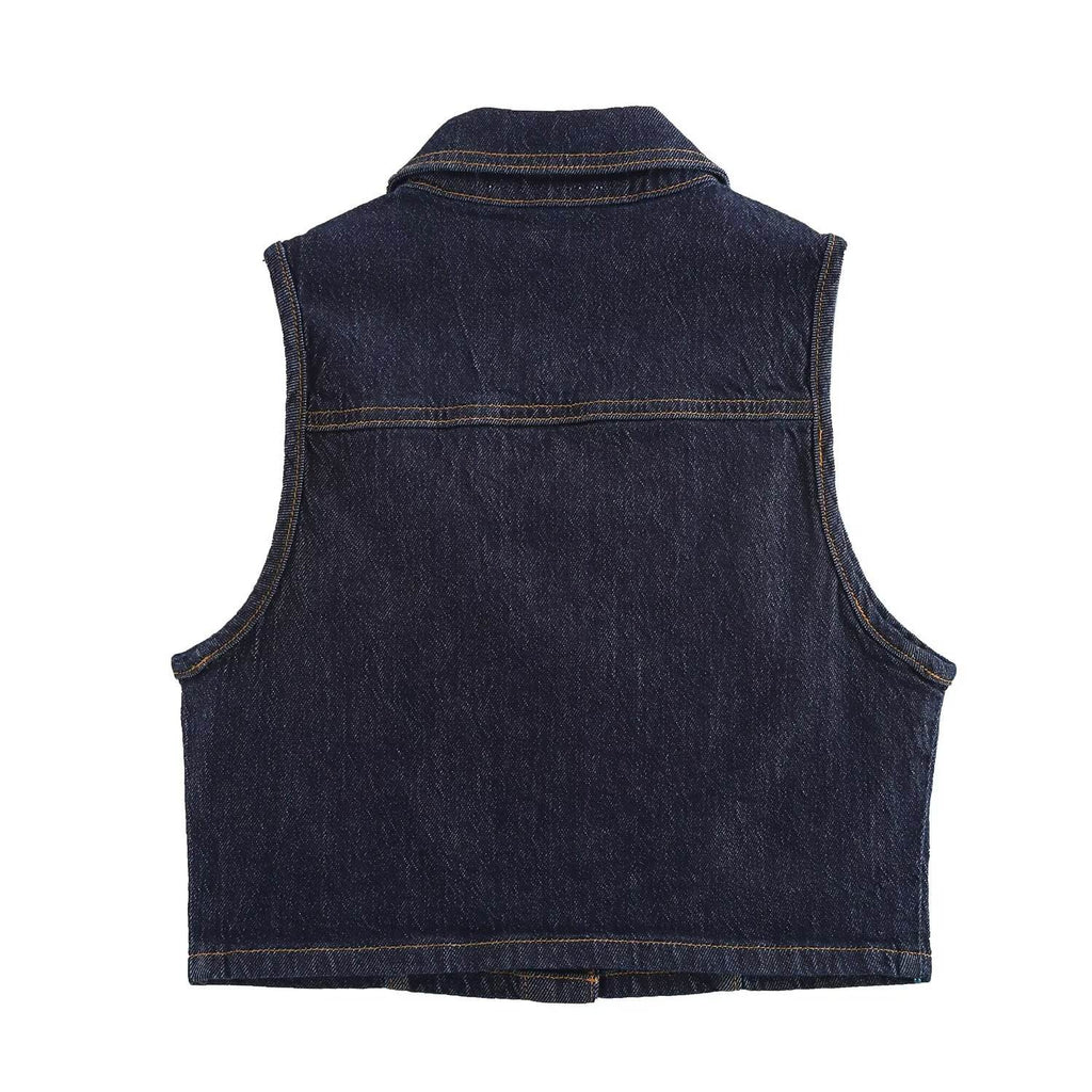 Women's Vintage Single-Row Button Denim Vest – Collared, Summer Casual Style