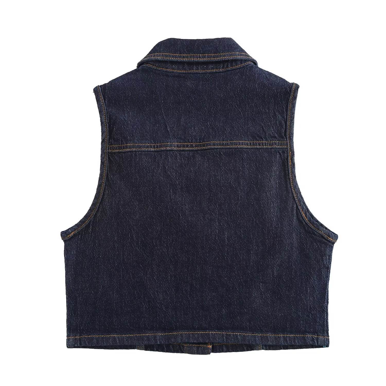 Women's Vintage Single-Row Button Denim Vest – Collared, Summer Casual Style
