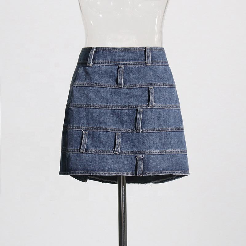 Women's New Spring American Denim Skirt - Patchwork Belted A-Line Mini Skirt