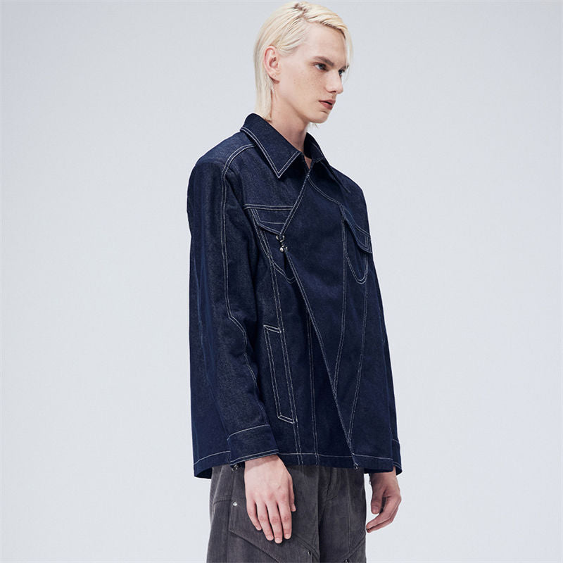 Men's New Trendy Colorful Denim Shirt - Classic Casual Style with Asymmetrical Placket & Irregular Angled Front