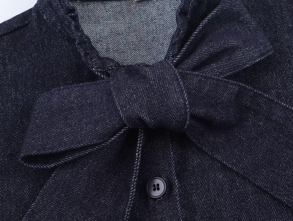 Women's Denim Shirt – Bow Detail, Single-Row Button, Long-Sleeve Casual Top, Y2K Vintage Style