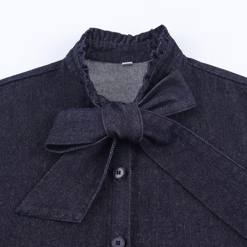 Women's Denim Shirt – Bow Detail, Single-Row Button, Long-Sleeve Casual Top, Y2K Vintage Style