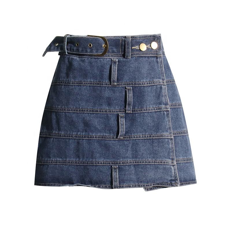 Women's New Spring American Denim Skirt - Patchwork Belted A-Line Mini Skirt