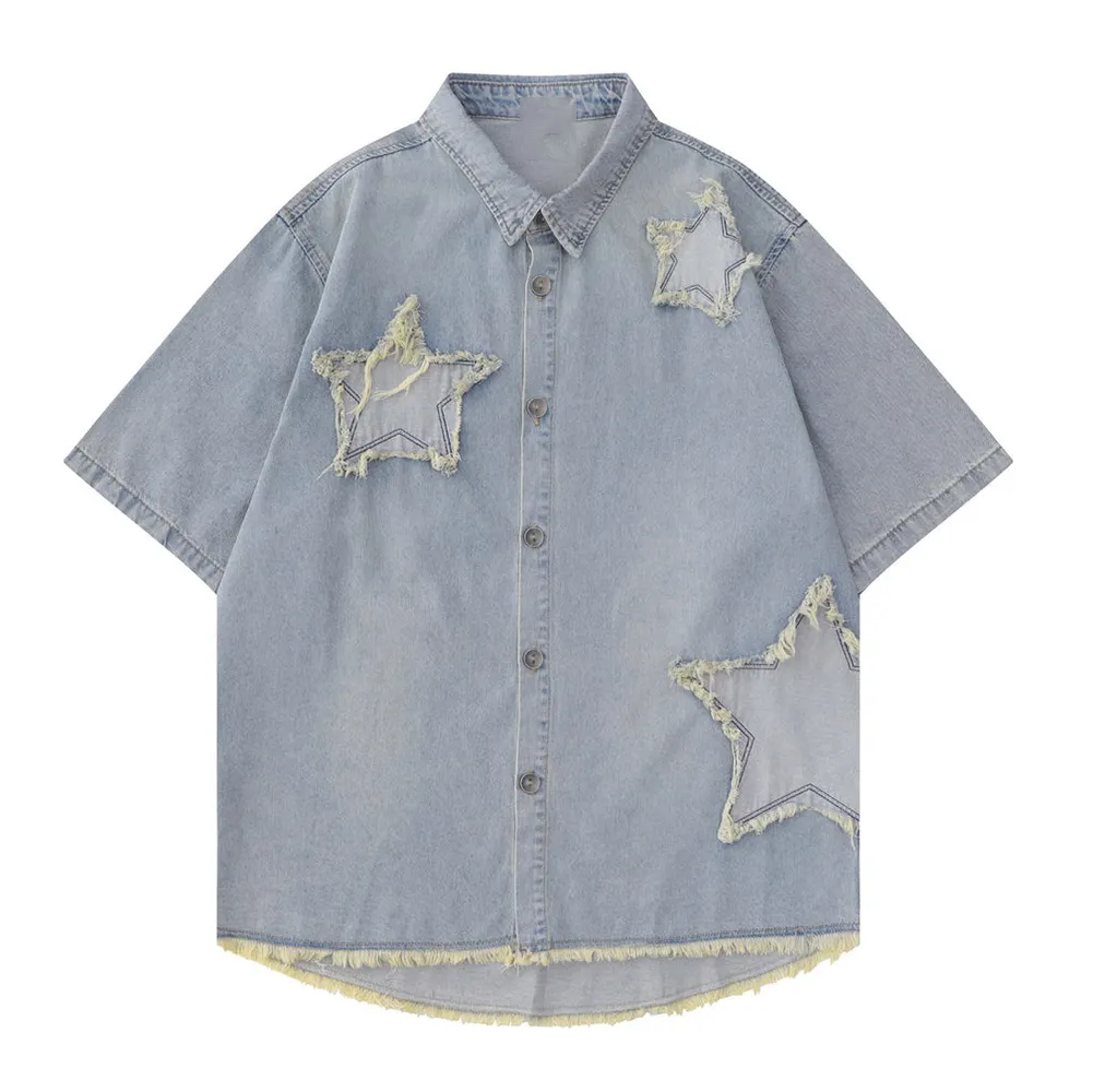 Men's Denim Shirt - Regular Fit Short-Sleeve with Patch Embroidery, Button Placket & Washed Light Blue Vintage Hem