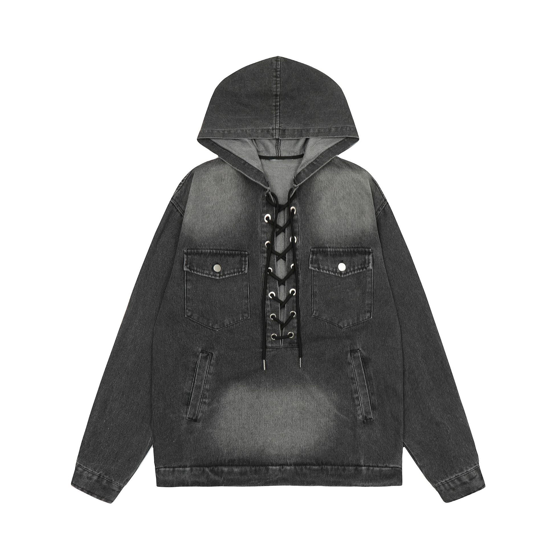 Men's Vintage Washed Denim Hoodie with Pocket Eyelets and Drawstring Design