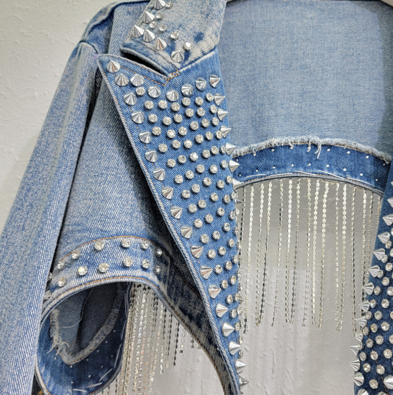 Women's Fashion Trendy Cropped Rhinestone Collared Long-Sleeve Fringed Denim Jacket