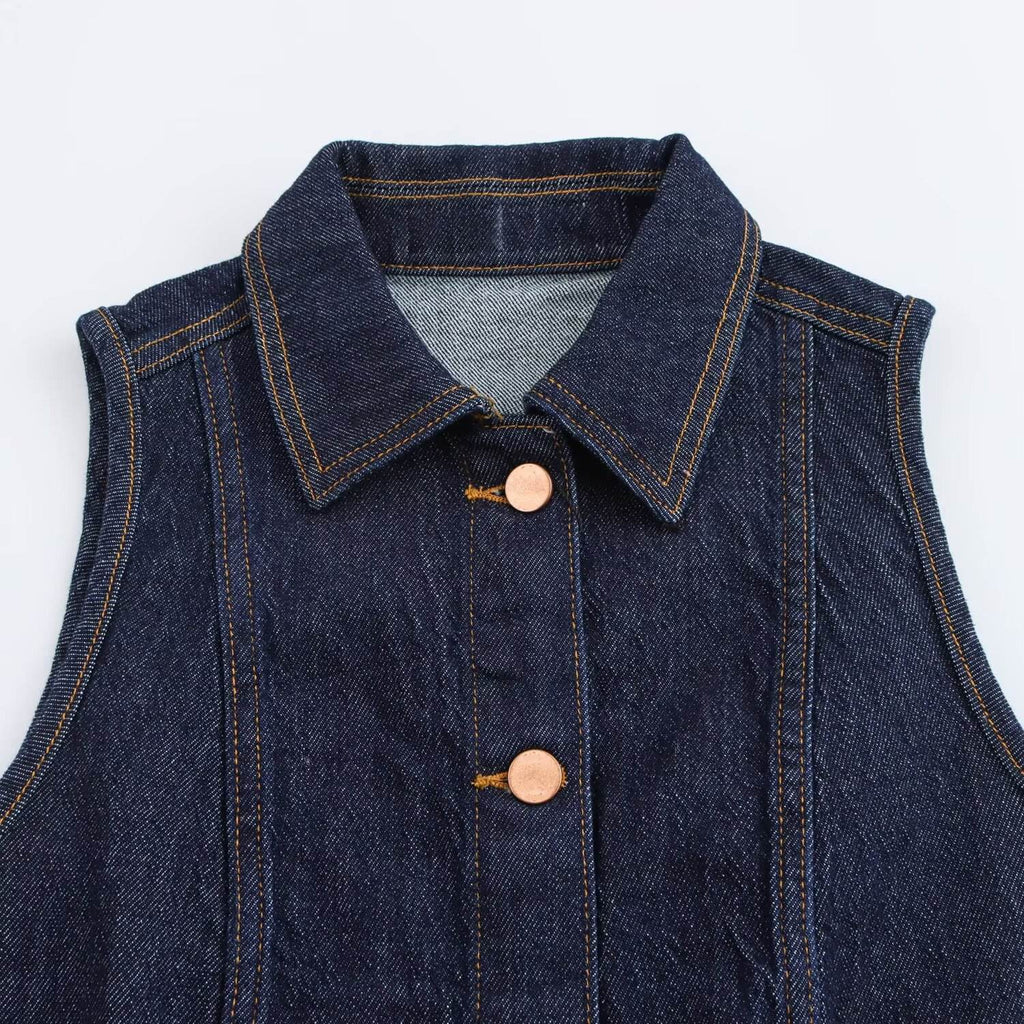 Women's Vintage Single-Row Button Denim Vest – Collared, Summer Casual Style