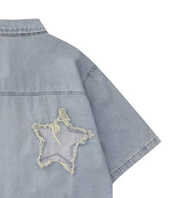 Men's Denim Shirt - Regular Fit Short-Sleeve with Patch Embroidery, Button Placket & Washed Light Blue Vintage Hem