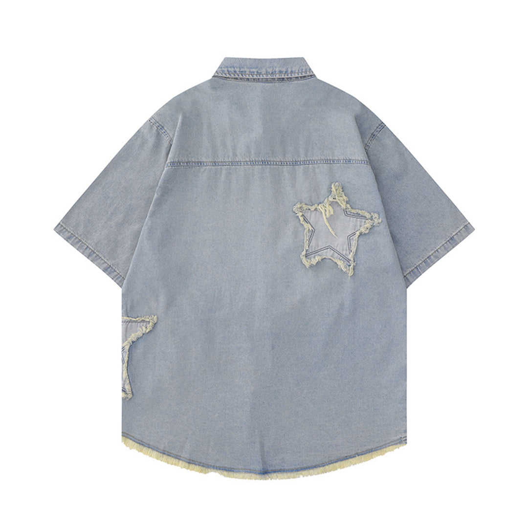 Men's Denim Shirt - Regular Fit Short-Sleeve with Patch Embroidery, Button Placket & Washed Light Blue Vintage Hem