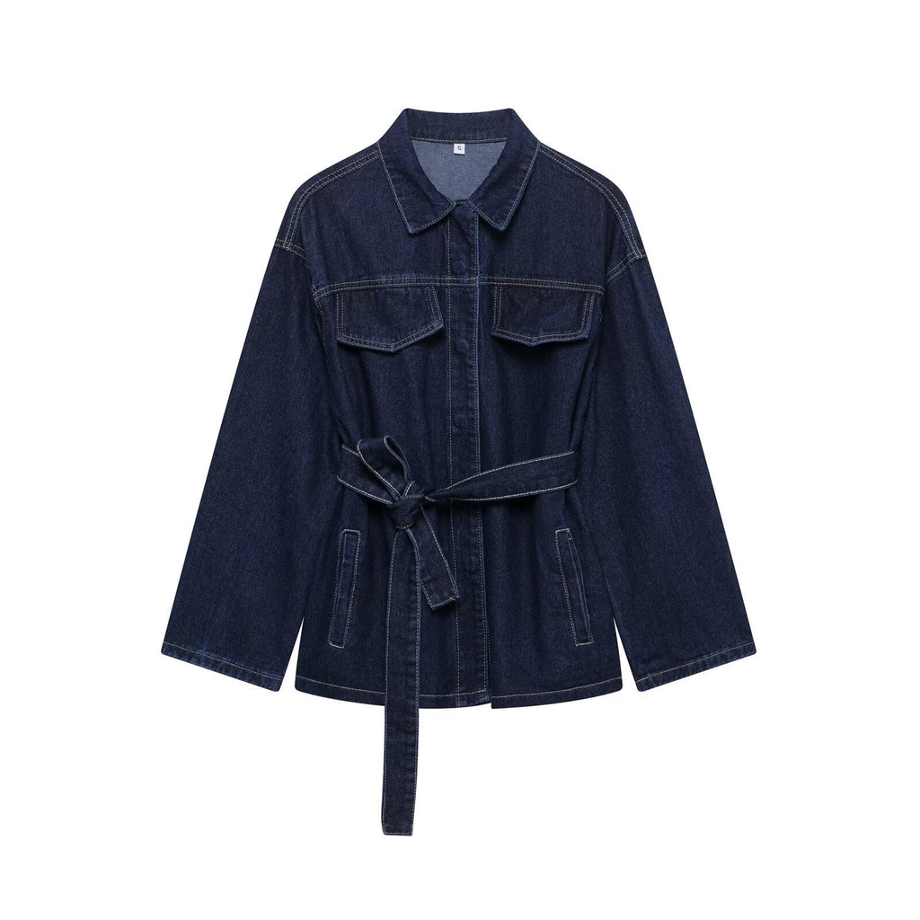 Women's New Spring & Summer INS Retro Versatile Belted Collared Loose Denim Jacket