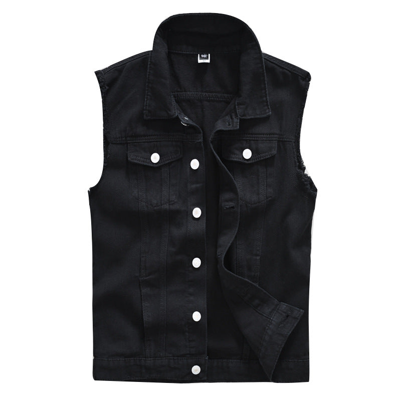 Men's Fashion Black Denim Vest - V-neck Casual Outerwear for Spring, Summer & Autumn