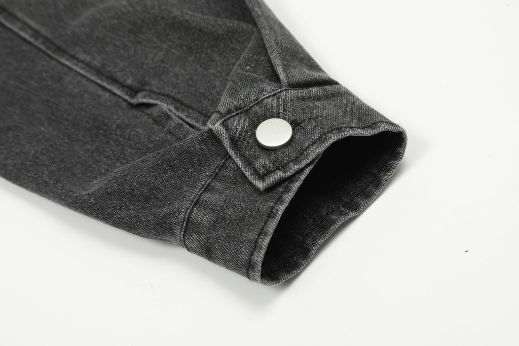 Men's Vintage Washed Denim Hoodie with Pocket Eyelets and Drawstring Design